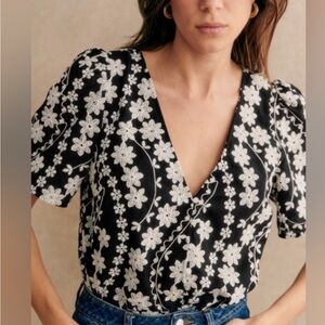 Sezane Emma Blouse Ecru Embroidery/ Black - Size 6
